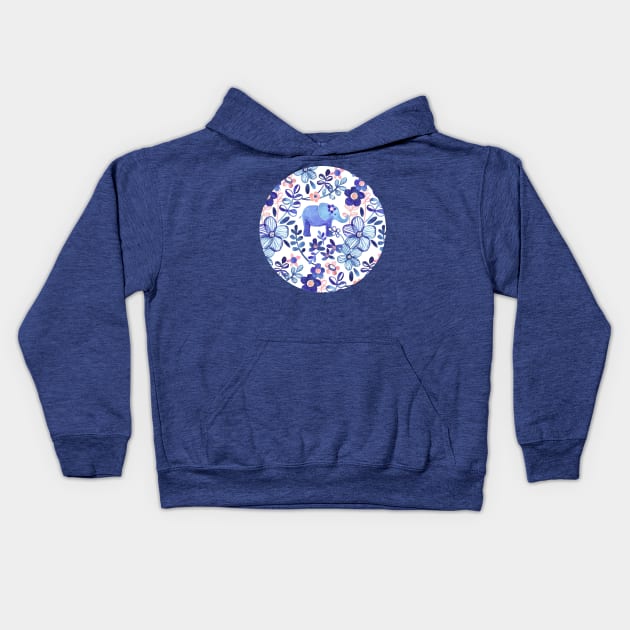 Pale Coral, White and Purple Elephant and Floral Watercolor Pattern Kids Hoodie by micklyn